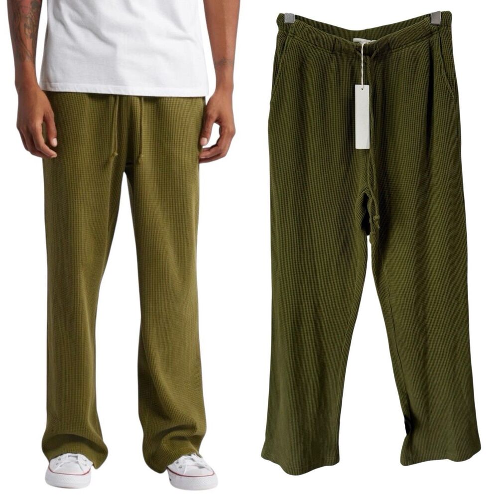 Elwood Waffle Knit Straight Leg Pant Drawstring Baggy Luxury Sz. Small Green New